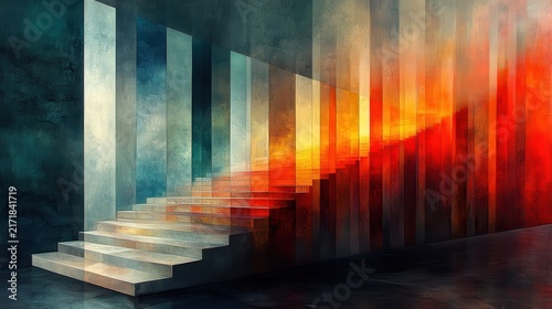 Modern abstract staircase with colorful lighting and textured background