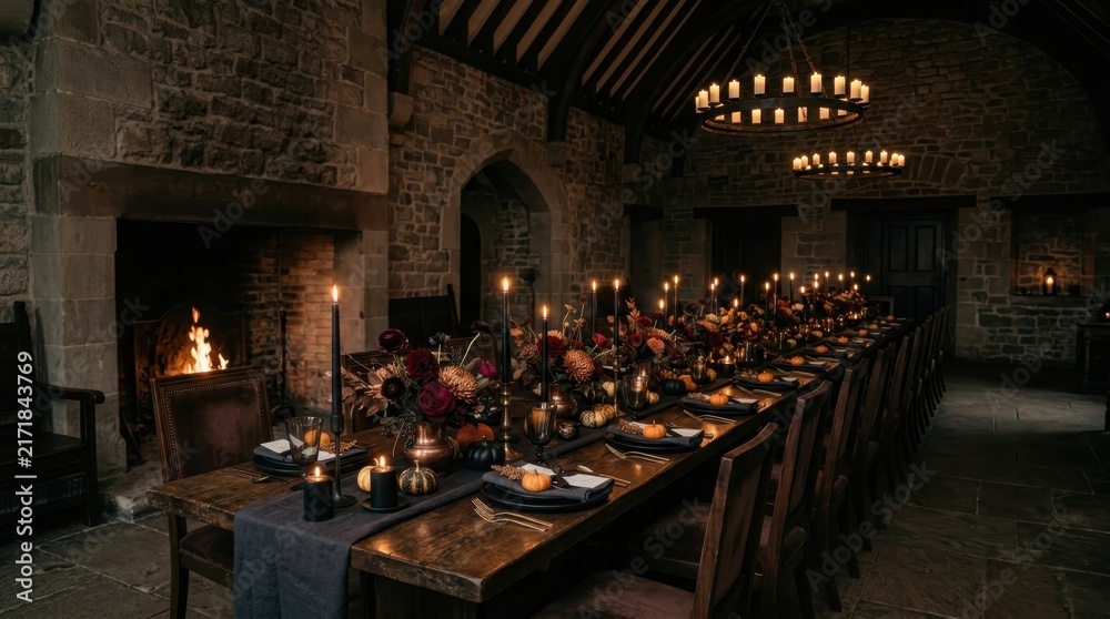 Naklejka premium Medieval Banquet Hall: An opulent long dining table is beautifully set for a feast in a grand medieval hall, illuminated by the warm glow of a crackling fireplace and numerous candles.
