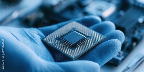 Obraz na płótnie CPU Microprocessor Held by Gloved Hand