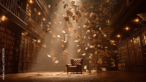 Mystical library with flying books and leather armchair, magical archive with swirling papers, cinematic dark academia study