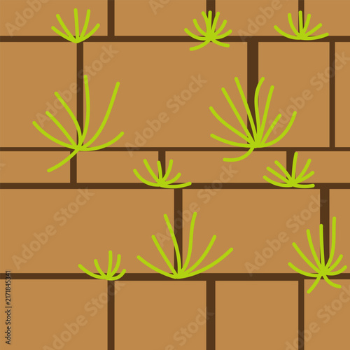 Seamless pattern with a brick wall and green grass