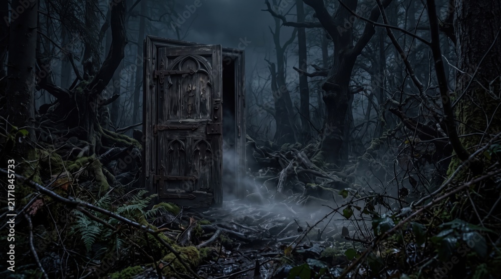 Obraz premium An intricately carved gothic door stands ajar in a dark, foggy haunted forest at night, hinting at a spooky old castle or mansion entrance for halloween.