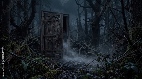 An intricately carved gothic door stands ajar in a dark, foggy haunted forest at night, hinting at a spooky old castle or mansion entrance for halloween.