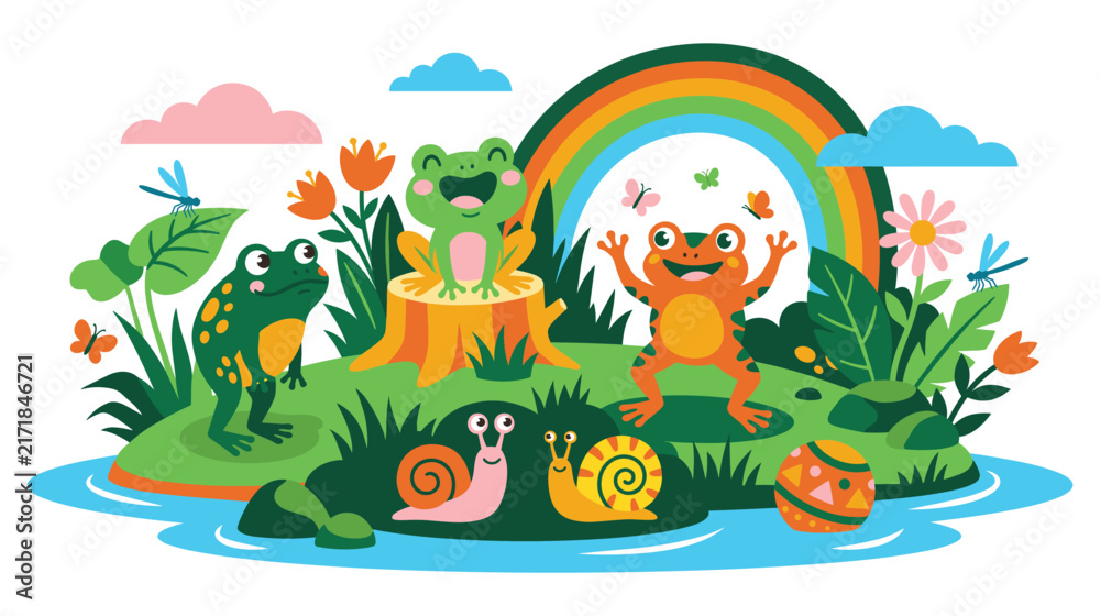 Naklejka premium Cute frogs playing on pond cartoon illustration in summer nature.