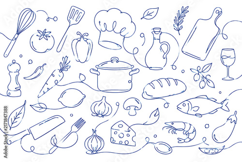 Minimalist Blue Continuous Line Art Banner Featuring Kitchenware Utensils Fresh Vegetables Spices Knife Chef Hat Board Whisk And Pot On White Background