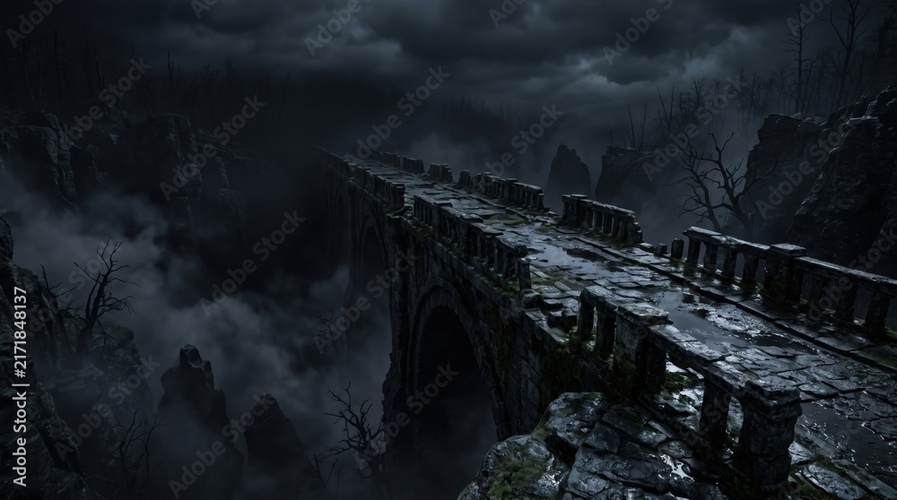 Fototapeta premium A dark and atmospheric digital artwork depicts a spooky old gothic stone bridge spanning a misty chasm on a gloomy halloween night, evoking a haunted mansion's eerie desolation.