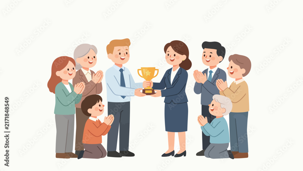 Obraz premium Business award ceremony illustration with colleagues clapping while man and woman exchange a golden trophy cup