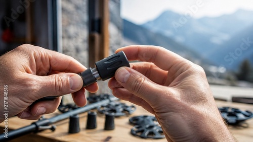 Close up of hands assembling small metal parts on a table surface, suggesting intricate craftsmanship or model building, detailed focus on engineering work