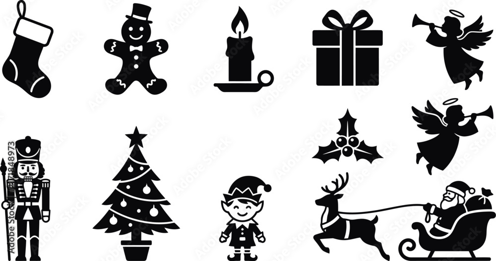 Naklejka premium Collection of black silhouette icons depicts christmas themed objects and figures on a white background
