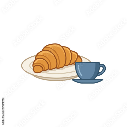 Fresh Baked Croissant on Plate with a Blue Cup of Coffee Illustration