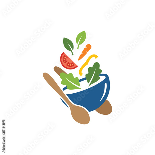 Fresh Garden Salad Bowl with Organic Vegetables and Wooden Spoons Vector Illustration