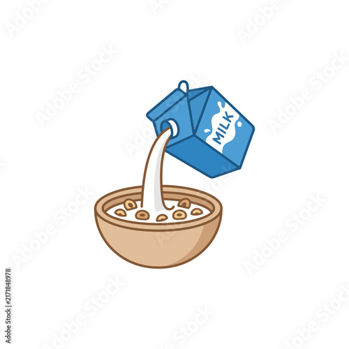 Fresh Milk Pouring from a Blue Carton into a Bowl of Cereal Loops