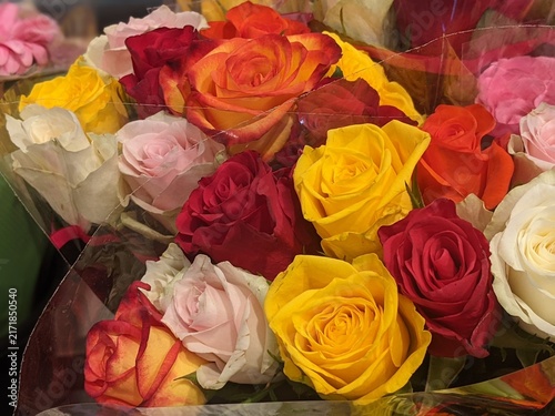 Vibrant multi colored rose bouquet with red, yellow, orange and pink roses close up