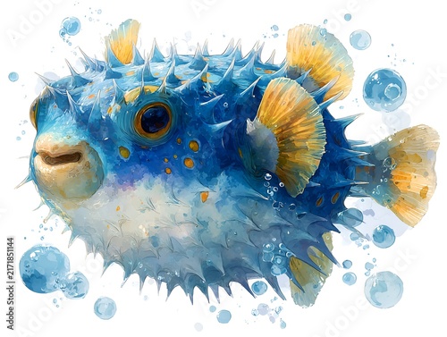 Vibrant watercolor illustration of a blue pufferfish with yellow fins surrounded by bubbles