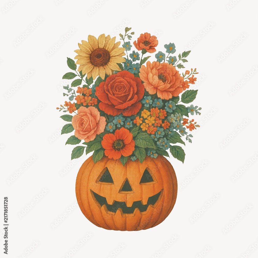 Naklejka premium Floral pumpkin with autumn blooms.