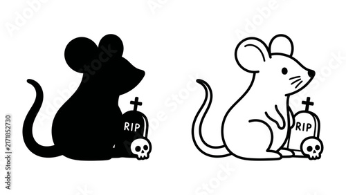 Bild auf Leinwand Little Mouse and RIP Tombstone: A whimsical illustration featuring a small mouse sitting next to a tombstone with RIP inscribed, accompanied by a skull and crossbones