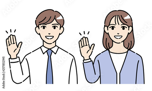 手を挙げて案内する若い男女の会社員のイラストセット