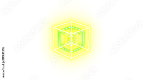 A luminous nested cube uses precise geometric line work and yellow green neon glow, forming an isolated abstract structure on a transparent background.
