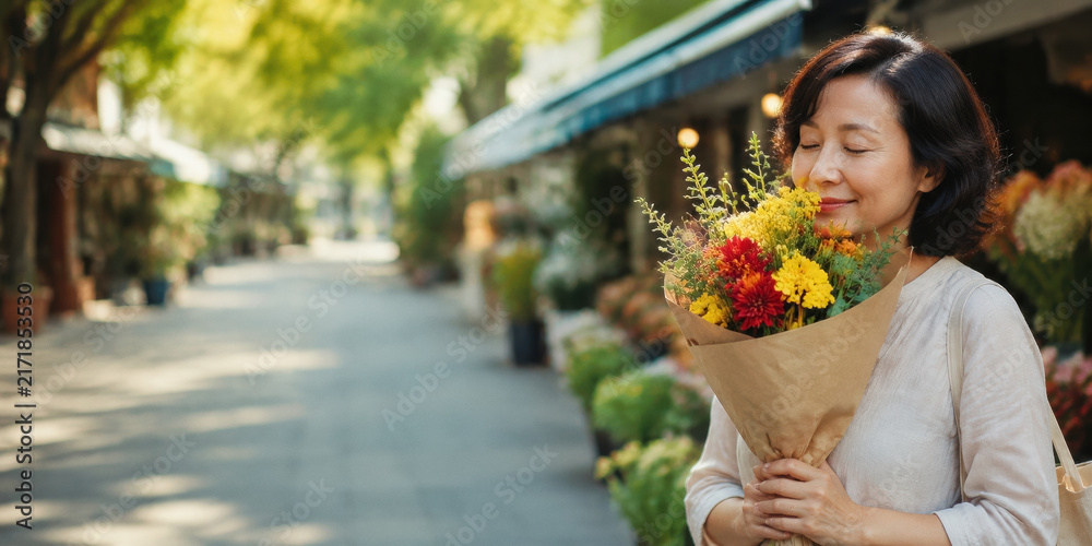 Fototapeta premium Asian woman smiles with closed eyes while holding a colorful bouquet on a sunny pedestrian street lined with plants and storefronts.