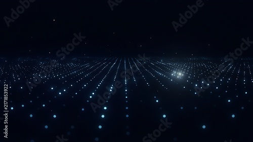 Dark futuristic background with perspective grid of small glowing blue lights extending to horizon, created with generative ai.