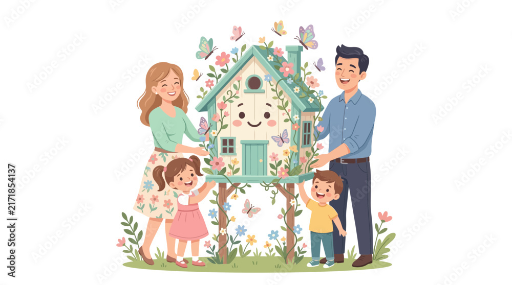 Naklejka premium Happy family building a decorative garden birdhouse