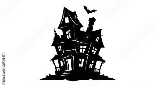 Bild auf Leinwand Spooky Silhouette: A gnarled, silhouetted haunted house stands under a moonlit sky, a lone bat flitting past its chimney