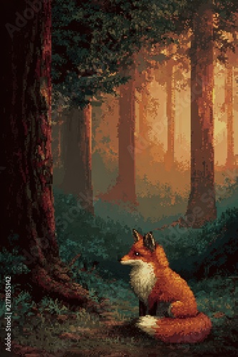 Pixel art fox resting in a tranquil forest at sunset with warm light and woodland atmosphere scene
