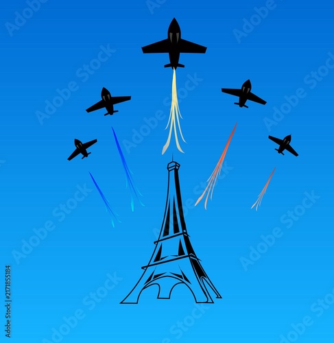 Avions militaires avec effet fumigène blanc  au-dessus de Paris