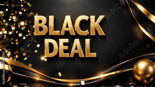 Luxury Black Deal promotional banner with gold confetti ribbons and elegant dark background