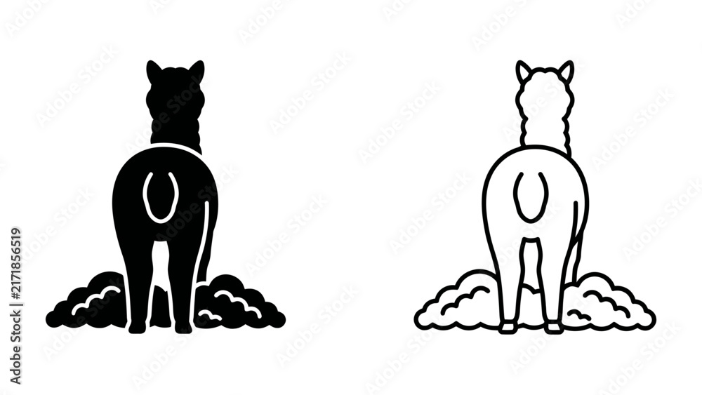 Naklejka premium Alpaca rear view icon: A simplified icon set depicting the rear view of an alpaca, both in silhouette and line art, standing amidst stylized ground elements.