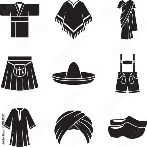 Traditional Ethnic & Cultural Clothing Icon Set – Black Vector Silhouettes