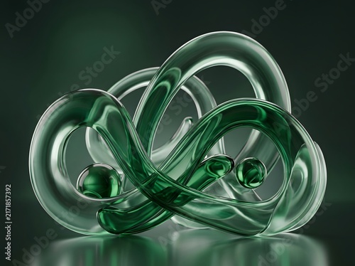 Elegant green glass sculpture with flowing curves and reflective surface against a dark background