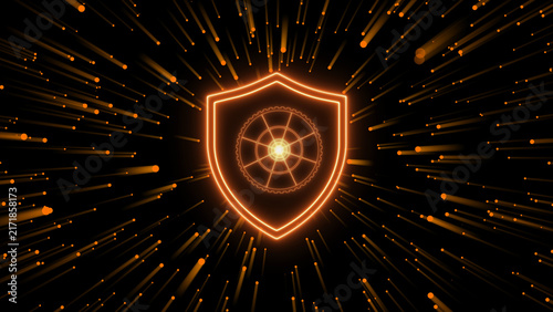 Glowing orange shield with inner gear and streaks. This glowing orange shield visualizes security. Glowing orange shield for cyber security and tech themes.