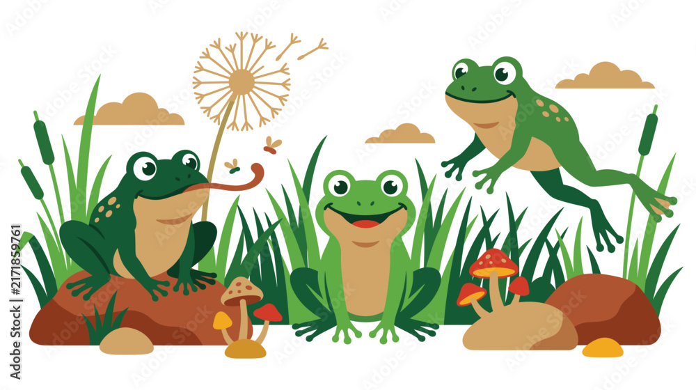 Obraz premium Green frogs illustration in pond environment with colorful fungi.