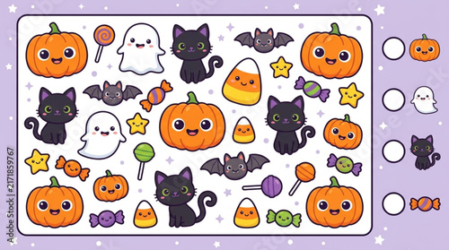 Cute Halloween characters including pumpkins, black cats, ghosts, bats, and candy for a fun holiday game