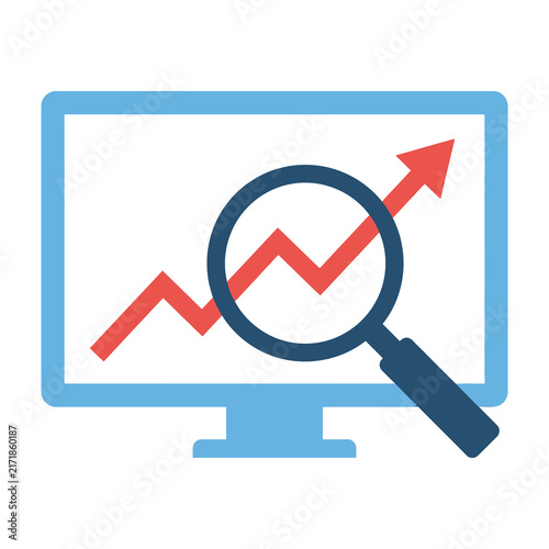 Business growth analysis icon with magnifying glass on computer monitor screen