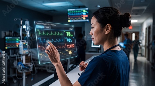 Nurse analyzing futuristic patient monitoring interface in intensive care unit. Asian healthcare specialist checking vital signs on digital touchscreen display.