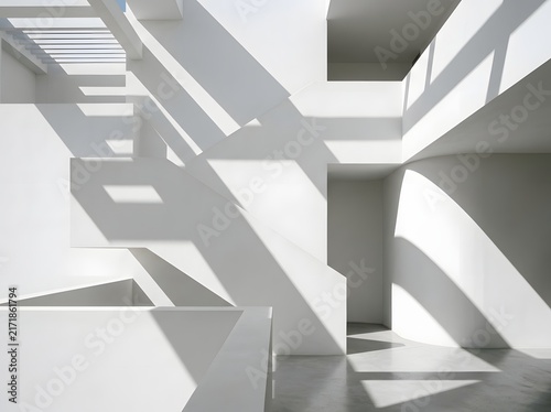 Abstract architectural interior with geometric shapes and strong shadows in grayscale