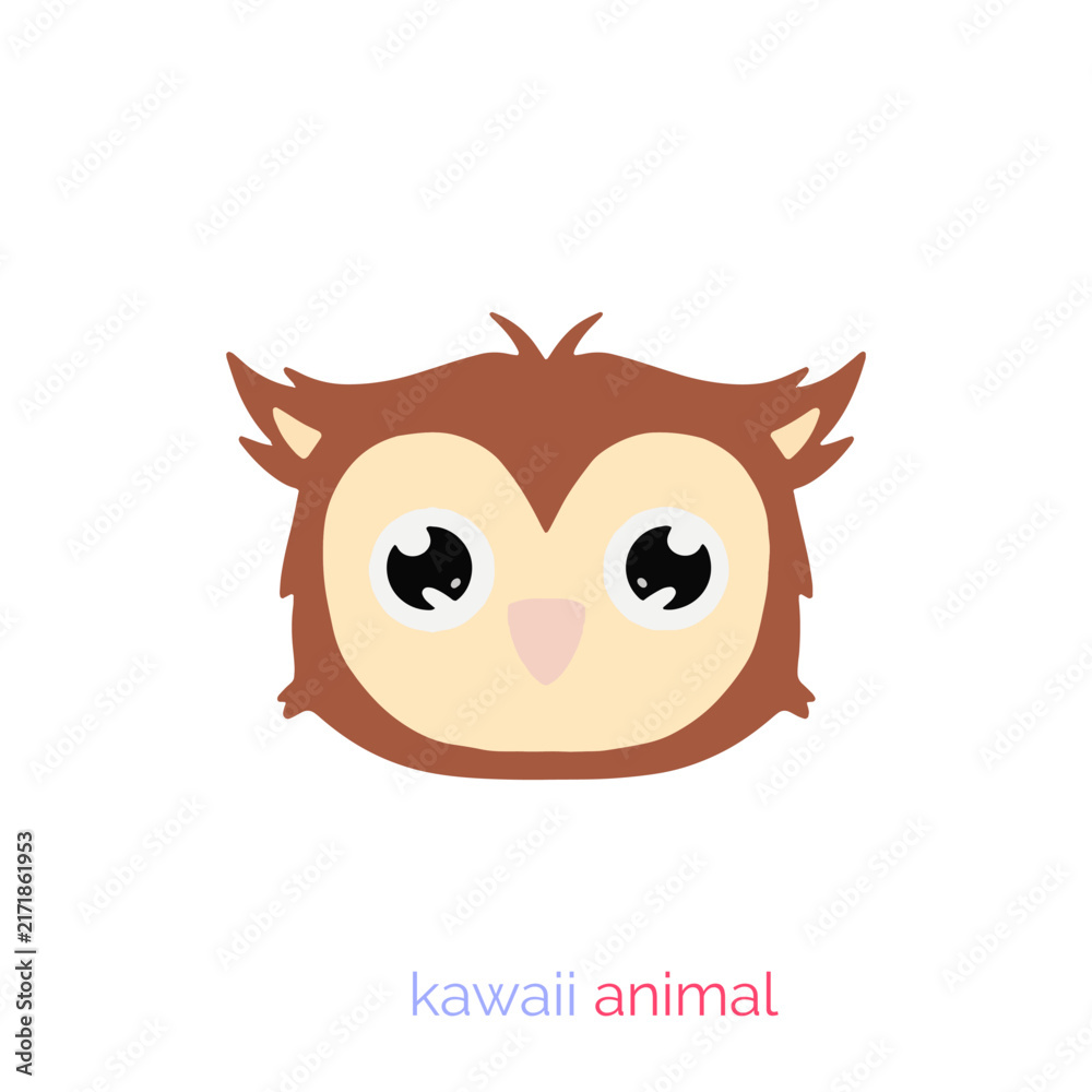 Obraz premium Cute Funny Orange Cat and Owl Cartoon Character Faces, Adorable Animal Vector Illustration with Big Smiling Eyes, Playful Baby Pet Art Design