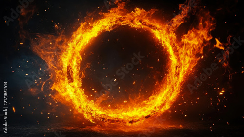 circle with flames burning. a huge fire exploded. sparks on a dark background