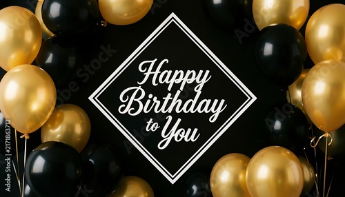 Happy Birthday to You greeting in white diamond frame surrounded by glossy black and gold balloons on dark background, created with generative ai.