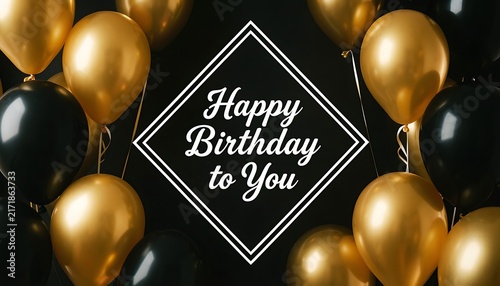 Close up view of white diamond frame with Happy Birthday text framed by metallic gold and black party balloons, created with generative ai.
