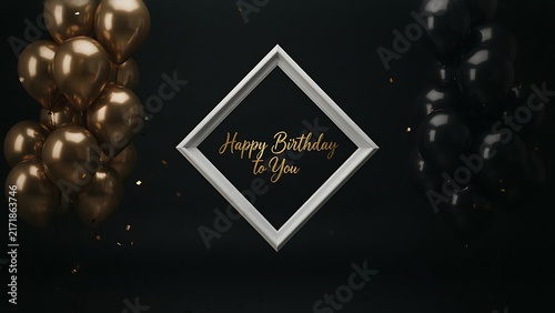 Minimalist dark birthday background with central white diamond frame featuring gold script and side balloon bunches, created with generative ai.