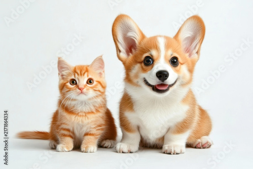 Cute Welsh corgi puppy and a red kitten sit together on a white background. isolated on a white background