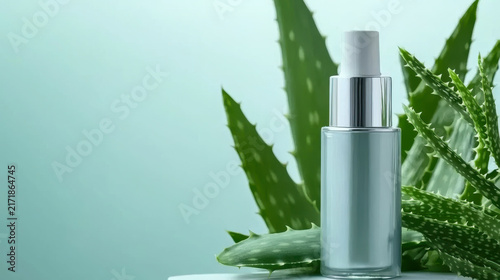  top view A sleek cosmetic bottle placed on fresh aloe vera leaves