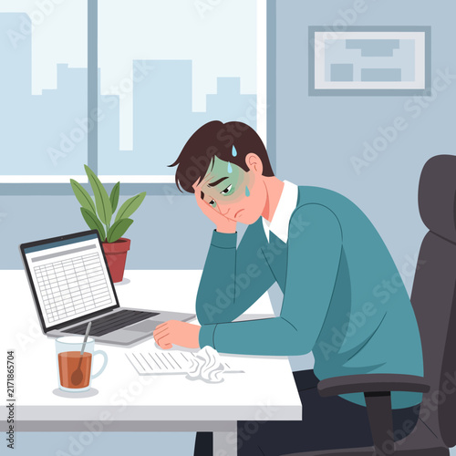 Stressed Businessman Overwhelmed By Workload Sitting At Desk