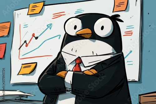 Penguin ceo wearing a suit presenting financial data with an upward trend chart