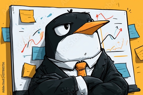 Penguin character in a suit analyzing business trends on a whiteboard