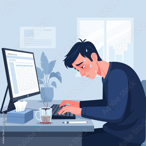 Stressed Person Working Overtime Facing Computer Screen Overwhelmed By Tasks