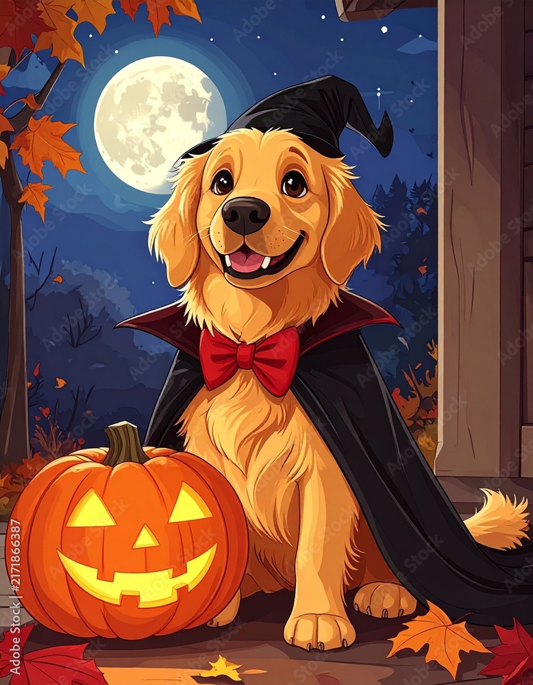 Fototapeta premium Golden retriever in Cute Dracula Costume Beside Jack-o'-Lantern on Halloween Porch
